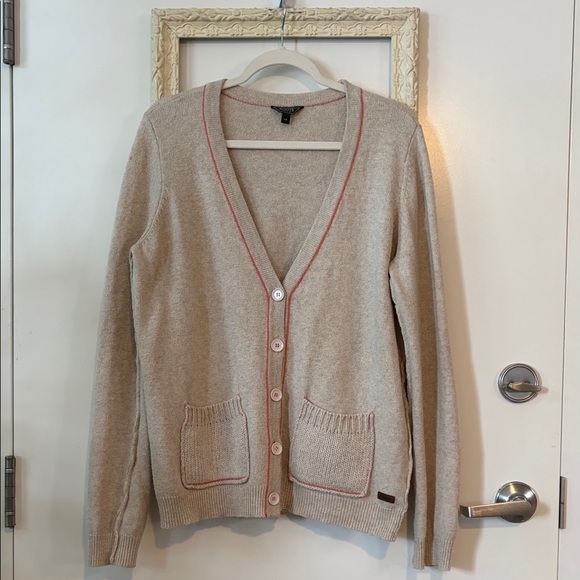 ROOTS | Wool Blend Beige Cardigan Sweater with Coral Accent Stitch - Picture 2 of 13